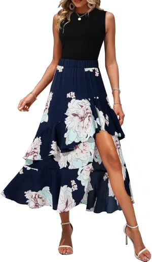 Dokotoo Women's 2025 Sleeveless Spring Summer Dresses Casual Boho Crewneck Floral Boho Cocktail Party Dresses