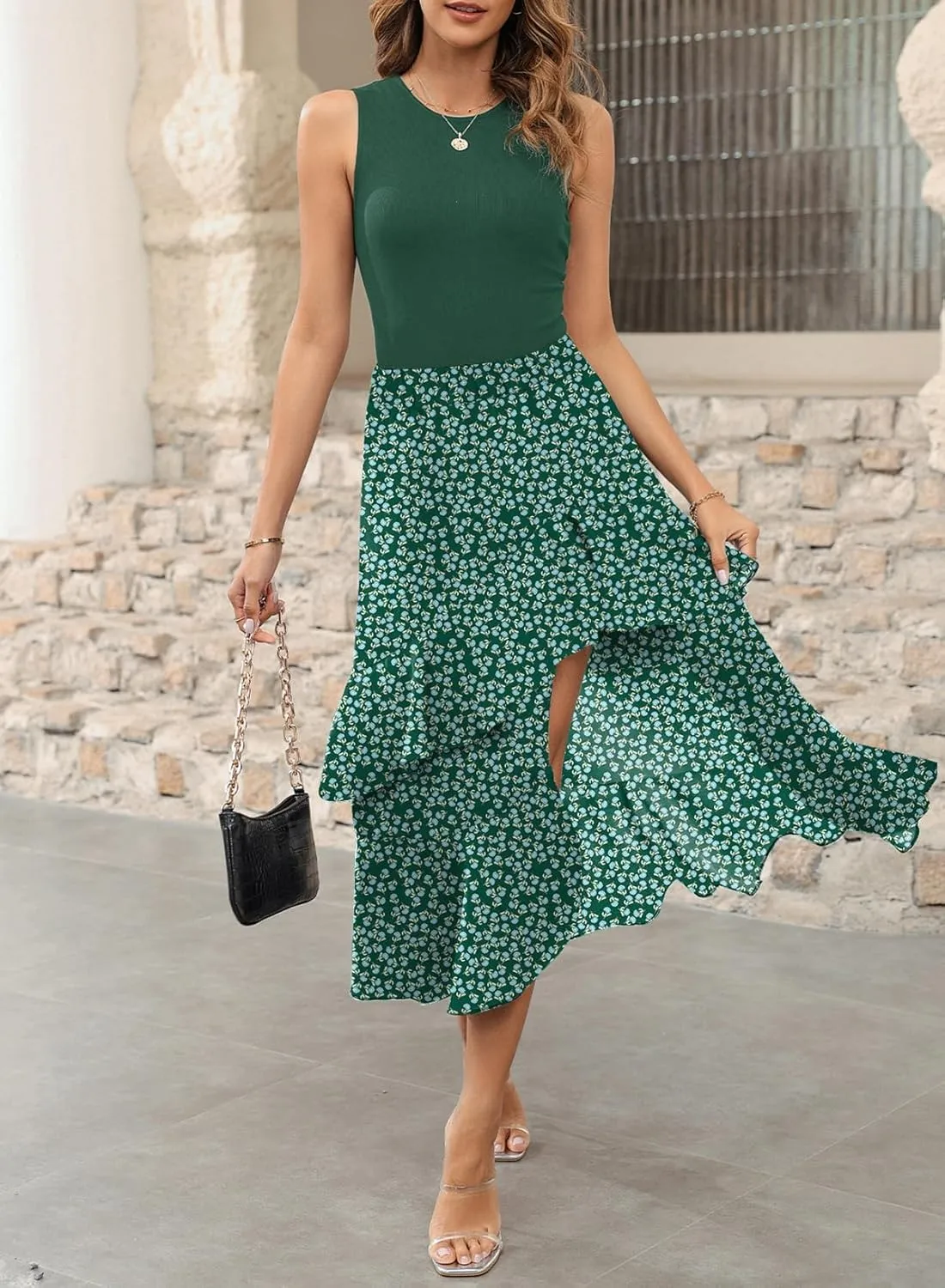 Dokotoo Women's 2025 Sleeveless Spring Summer Dresses Casual Boho Crewneck Floral Boho Cocktail Party Dresses