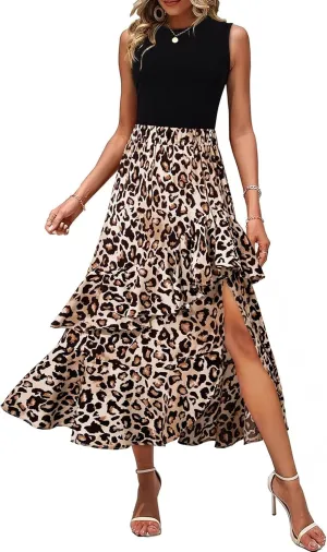 Dokotoo Women's 2025 Sleeveless Spring Summer Dresses Casual Boho Crewneck Floral Boho Cocktail Party Dresses