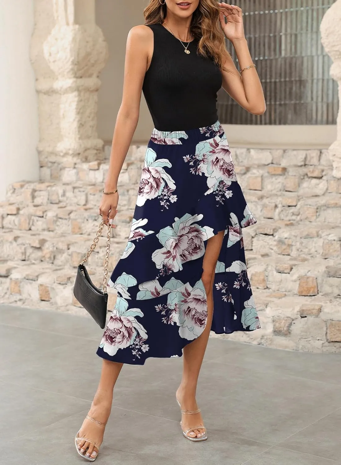 Dokotoo Women's 2025 Sleeveless Spring Summer Dresses Casual Boho Crewneck Floral Boho Cocktail Party Dresses