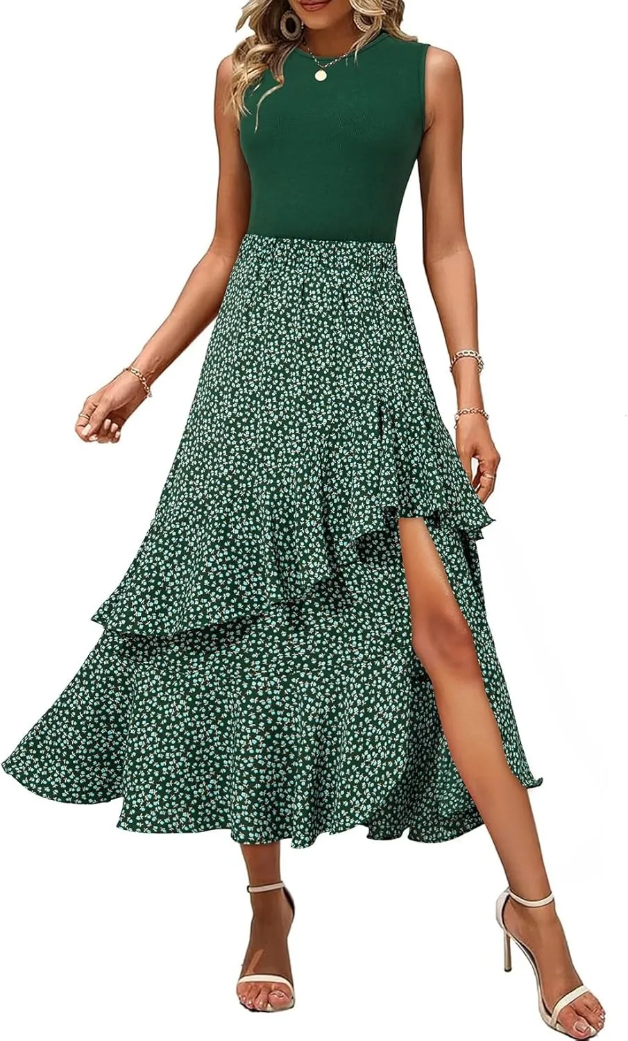 Dokotoo Women's 2025 Sleeveless Spring Summer Dresses Casual Boho Crewneck Floral Boho Cocktail Party Dresses