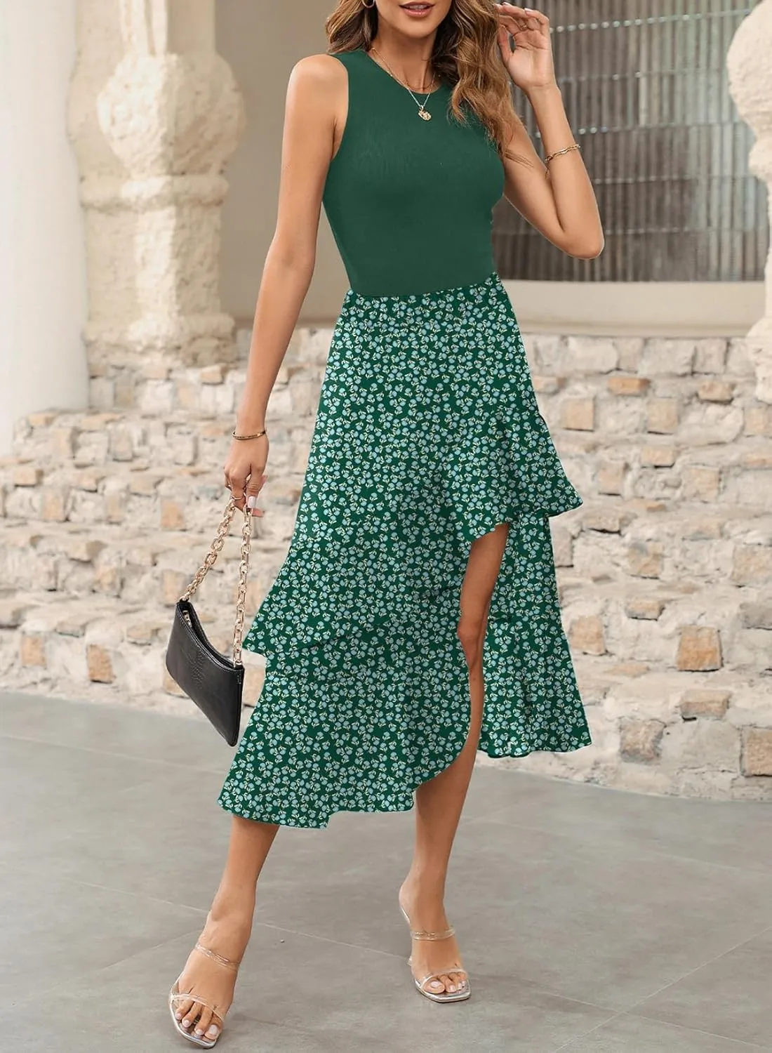 Dokotoo Women's 2025 Sleeveless Spring Summer Dresses Casual Boho Crewneck Floral Boho Cocktail Party Dresses