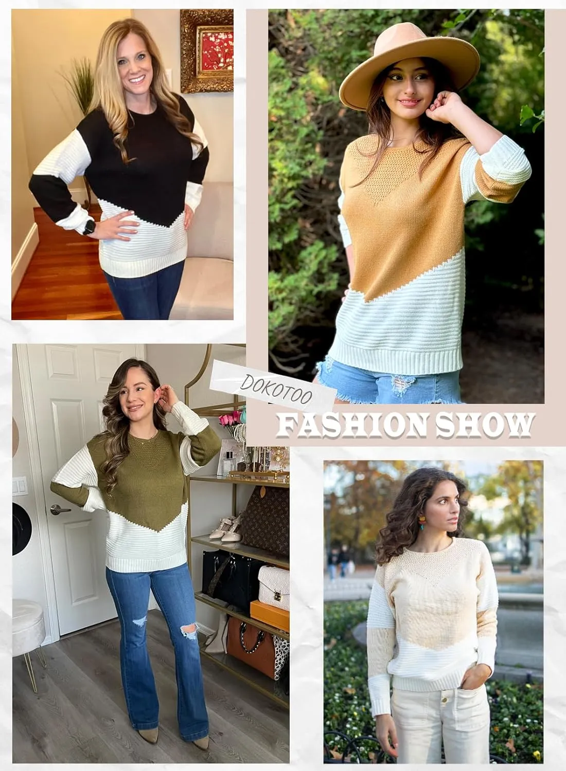 Dokotoo Womens Crochet Crewneck Long Sleeve Pullovers Color Block Tunic Ribbed Sweaters Jumper Tops