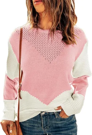 Dokotoo Womens Crochet Crewneck Long Sleeve Pullovers Color Block Tunic Ribbed Sweaters Jumper Tops