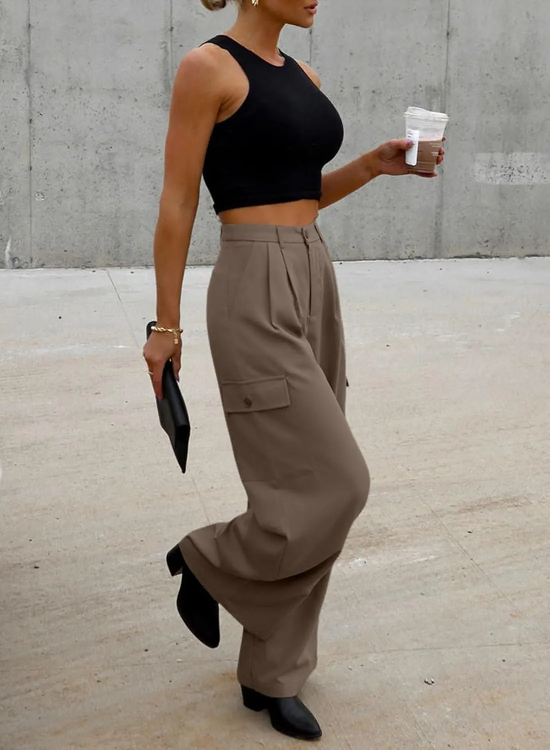 Dokotoo Womens High Waisted Wide Leg Cargo Pants Baggy Casual Trendy Work Pants with 4 Pockets