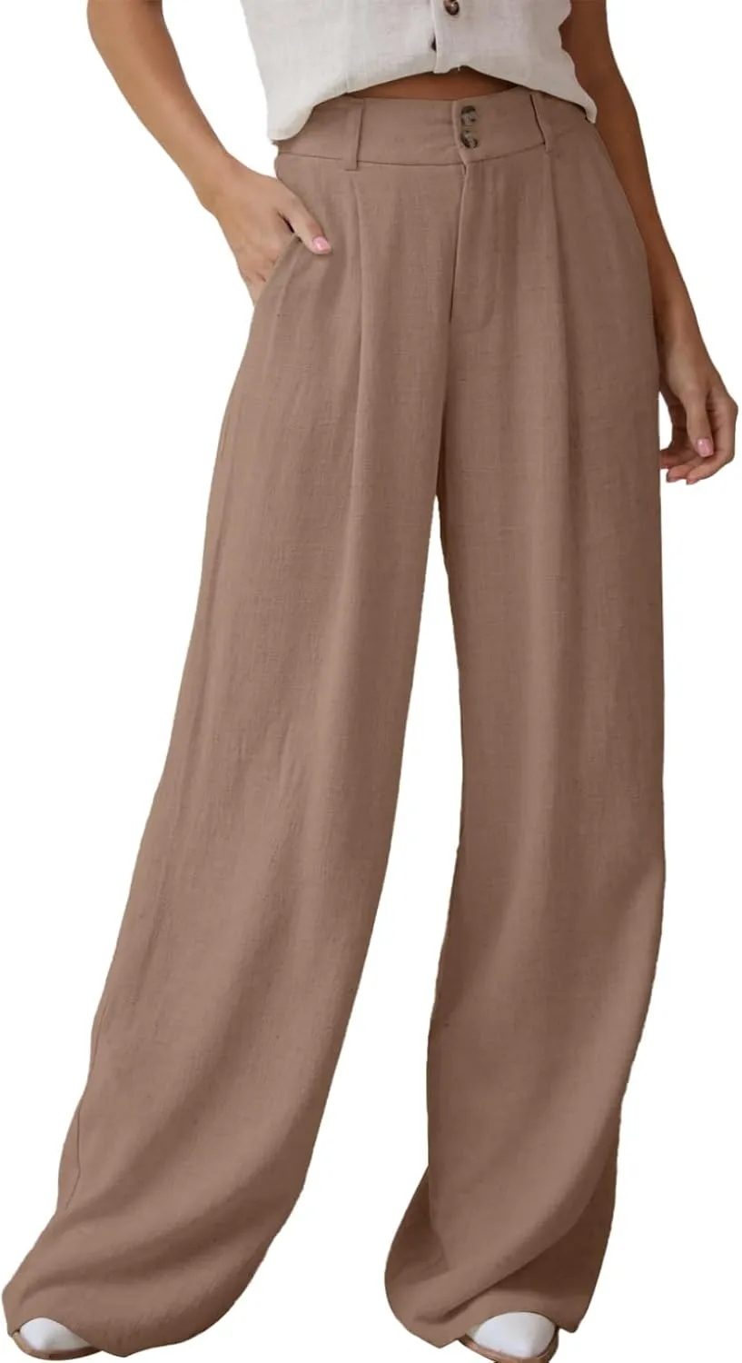 Dokotoo Womens Linen Pants Casual Loose Wide Leg Pants for Women Elastic Waist Palazzo Pants Trousers with Pockets