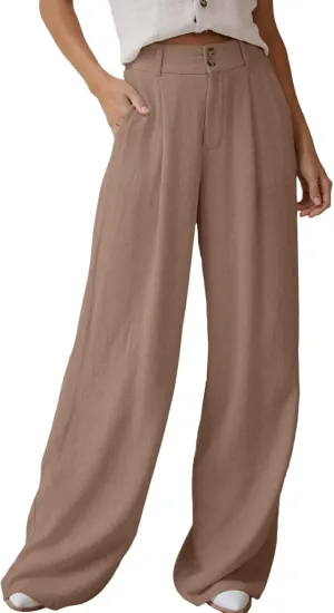 Dokotoo Womens Linen Pants Casual Loose Wide Leg Pants for Women Elastic Waist Palazzo Pants Trousers with Pockets