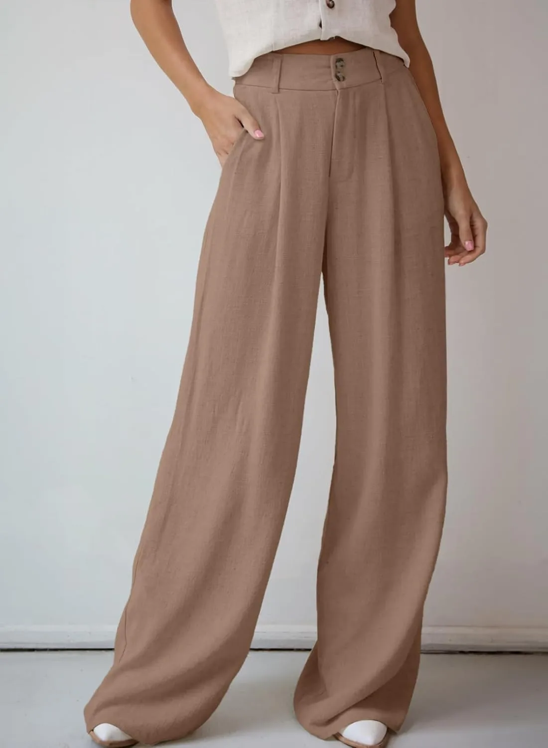 Dokotoo Womens Linen Pants Casual Loose Wide Leg Pants for Women Elastic Waist Palazzo Pants Trousers with Pockets