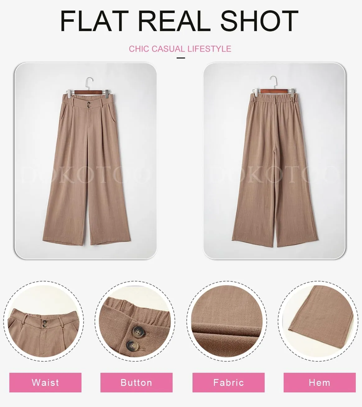 Dokotoo Womens Linen Pants Casual Loose Wide Leg Pants for Women Elastic Waist Palazzo Pants Trousers with Pockets