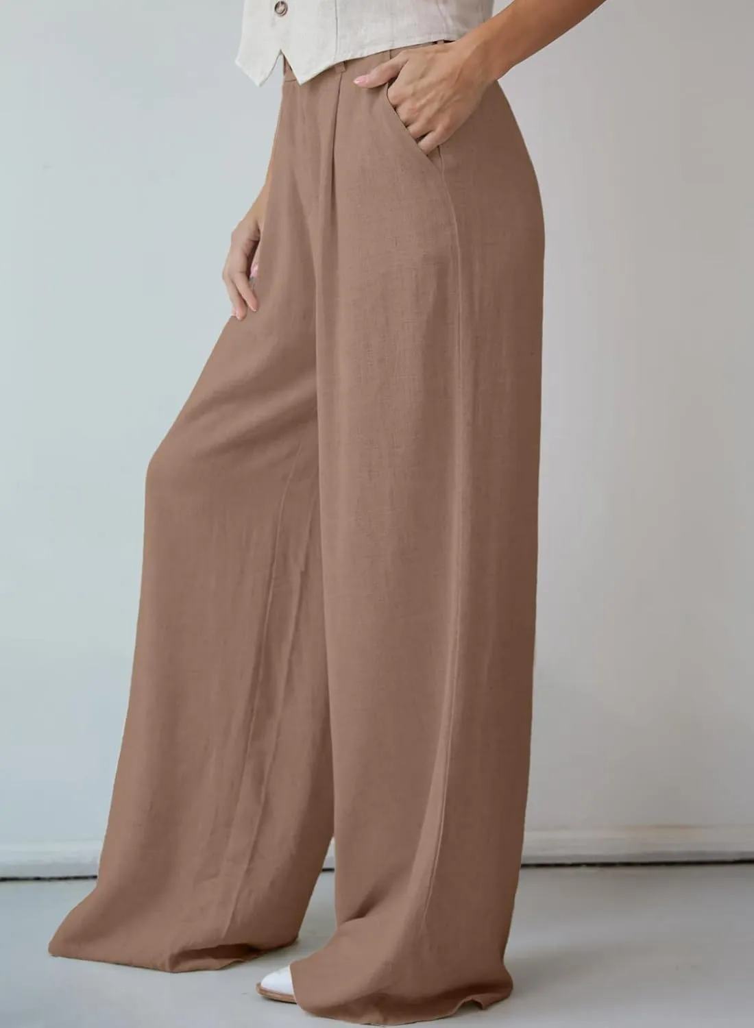 Dokotoo Womens Linen Pants Casual Loose Wide Leg Pants for Women Elastic Waist Palazzo Pants Trousers with Pockets