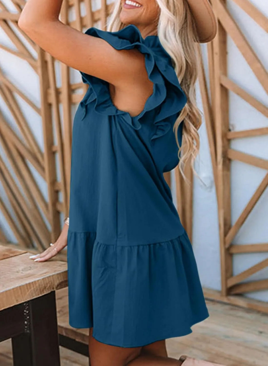 Dokotoo Womens Summer Dresses 2025 V-Neck Drawstring Ruffle Cap Short Sleeve Side Pockets Mini Dress Sundress
