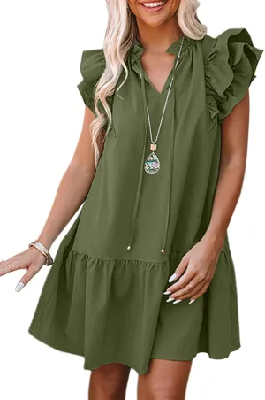 Dokotoo Womens Summer Dresses 2025 V-Neck Drawstring Ruffle Cap Short Sleeve Side Pockets Mini Dress Sundress