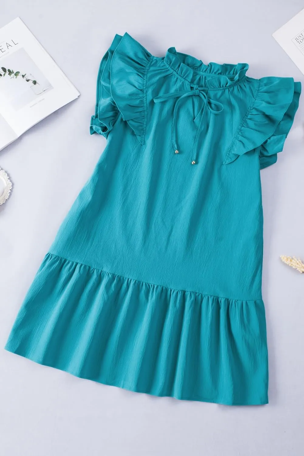 Dokotoo Womens Summer Dresses 2025 V-Neck Drawstring Ruffle Cap Short Sleeve Side Pockets Mini Dress Sundress