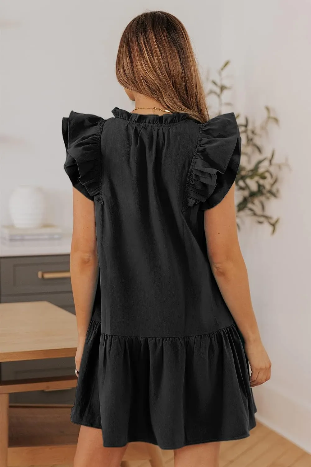 Dokotoo Womens Summer Dresses 2025 V-Neck Drawstring Ruffle Cap Short Sleeve Side Pockets Mini Dress Sundress