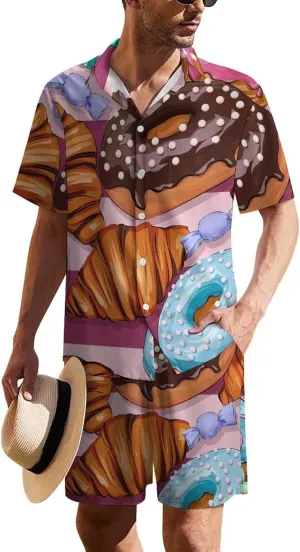 Donut Croissant Candy PatternMen's Two-Piece Casual Short-Sleeved Shirt Summer Loose Vacation Suit