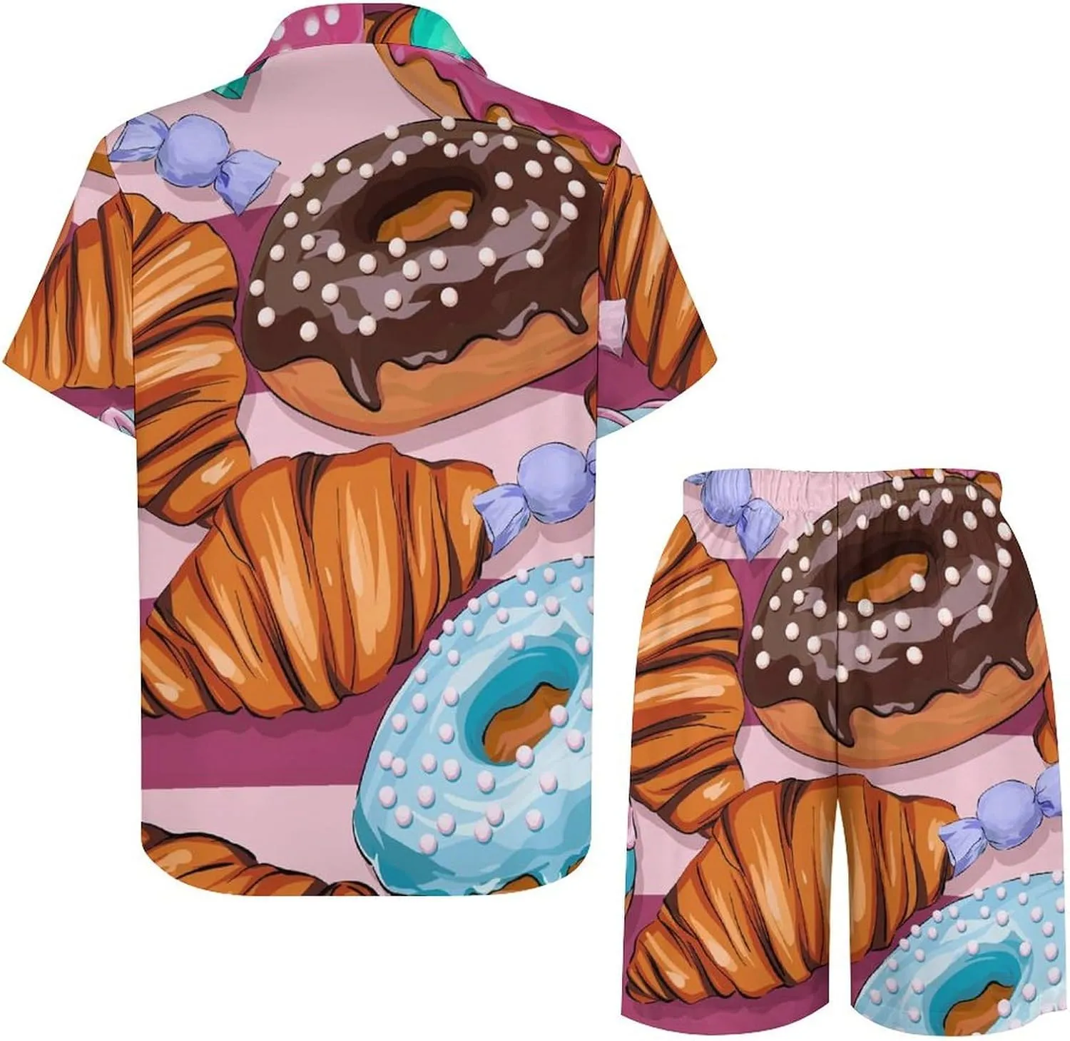 Donut Croissant Candy PatternMen's Two-Piece Casual Short-Sleeved Shirt Summer Loose Vacation Suit