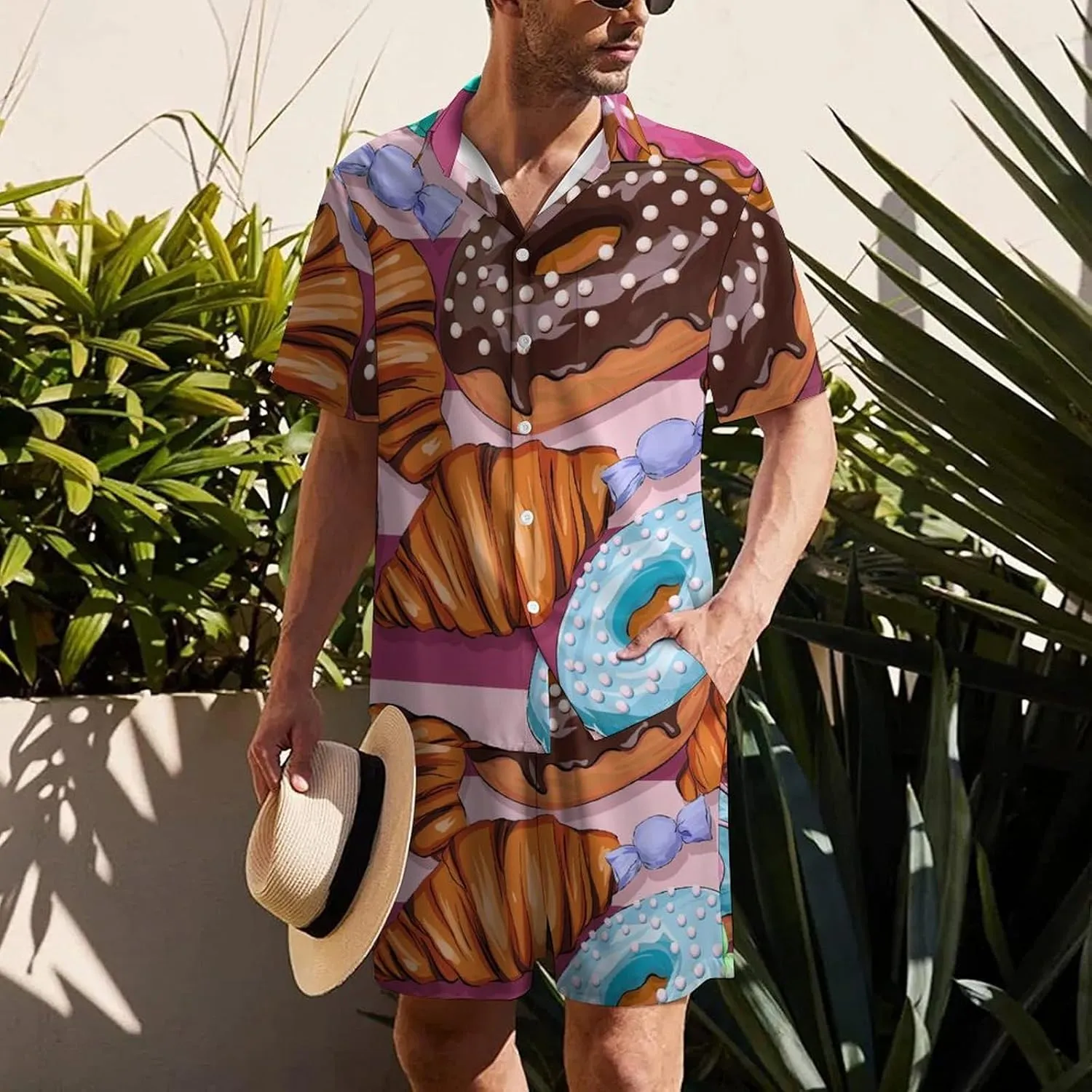 Donut Croissant Candy PatternMen's Two-Piece Casual Short-Sleeved Shirt Summer Loose Vacation Suit