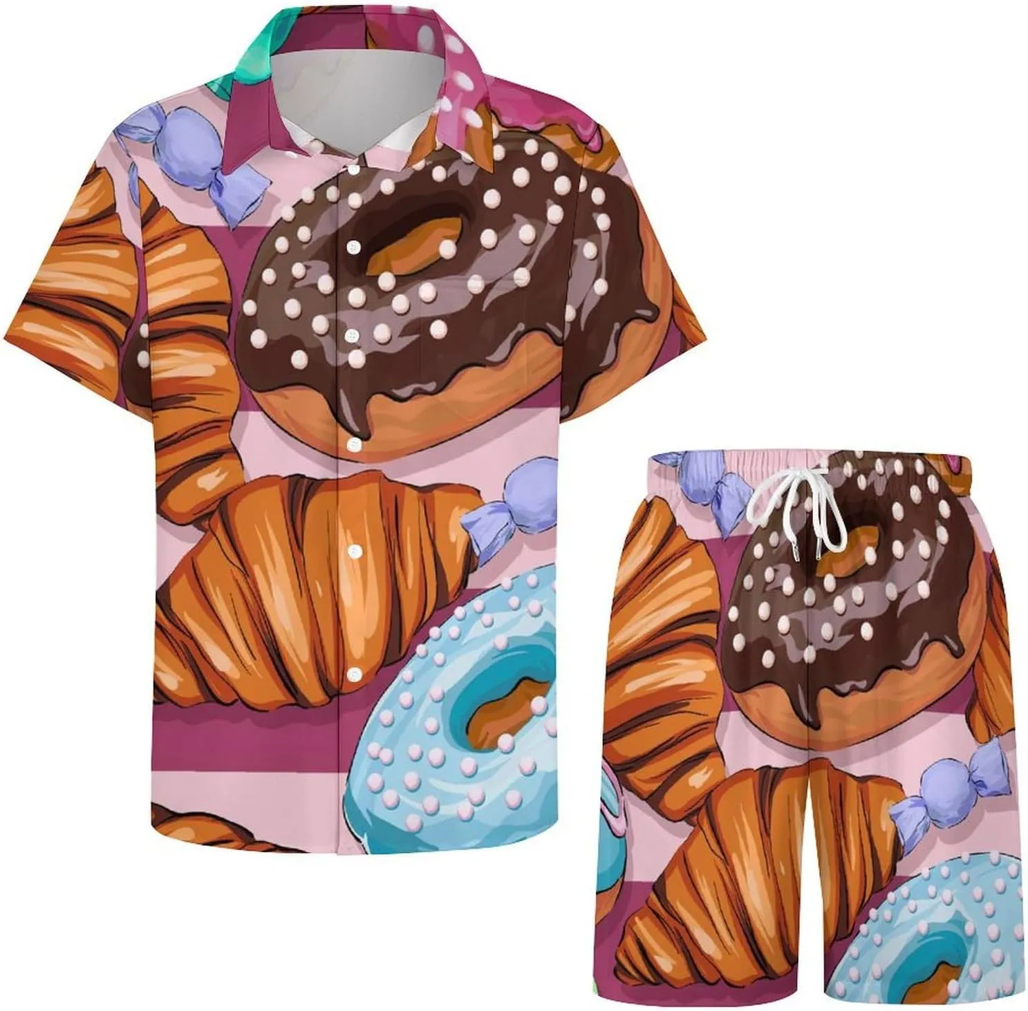 Donut Croissant Candy PatternMen's Two-Piece Casual Short-Sleeved Shirt Summer Loose Vacation Suit