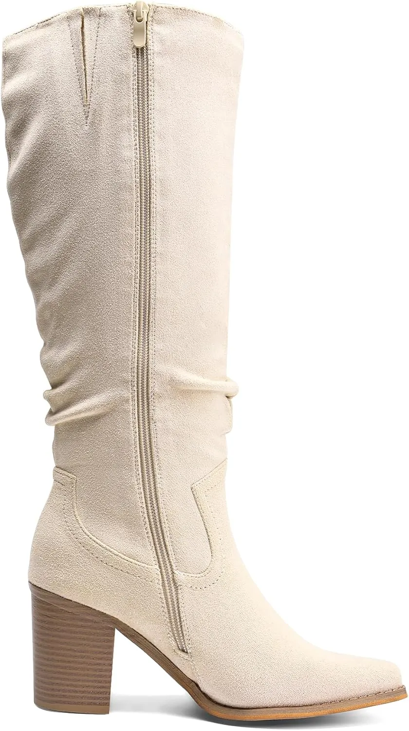 DREAM PAIRS Women's Knee-High Boots, Comfortable Chunky Block Heel Pointed Toe Pull On Side Zipper Suede Slouch Riding Boots