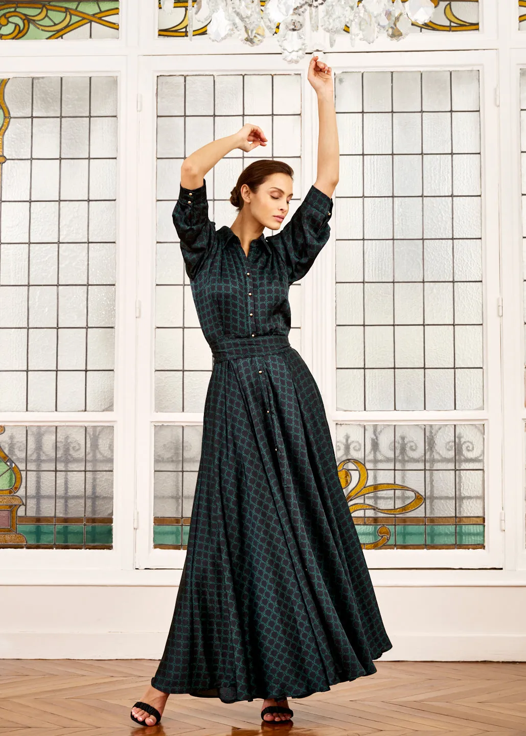 Dress Ophèlie: Elegant Emerald Green and Black Dress