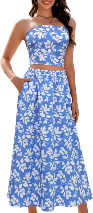 DRESSTELLS Women's Summer 2 Piece Skirt Set, Floral Crop Top and Maxi Boho Sundress Beach Tropical Dressy Casual Outfits