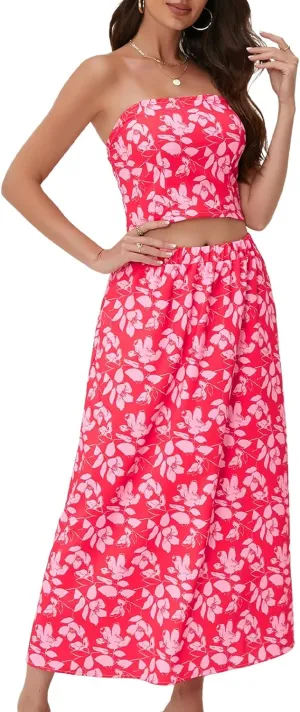 DRESSTELLS Women's Summer 2 Piece Skirt Set, Floral Crop Top and Maxi Boho Sundress Beach Tropical Dressy Casual Outfits