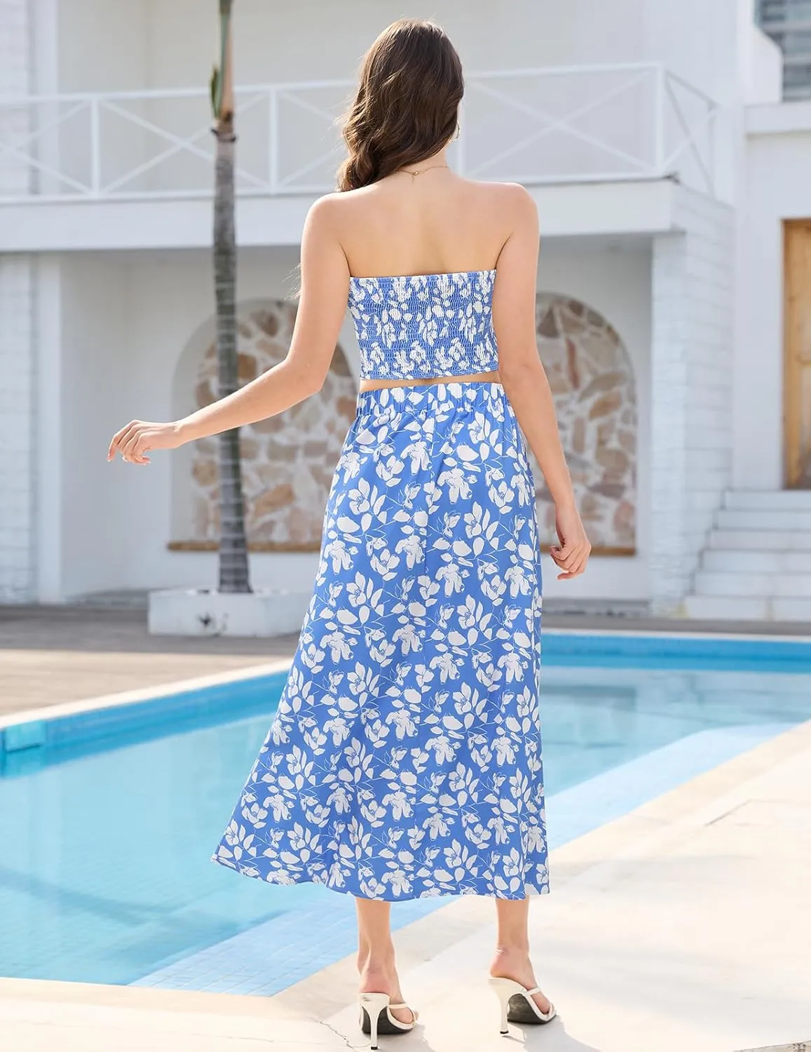 DRESSTELLS Women's Summer 2 Piece Skirt Set, Floral Crop Top and Maxi Boho Sundress Beach Tropical Dressy Casual Outfits