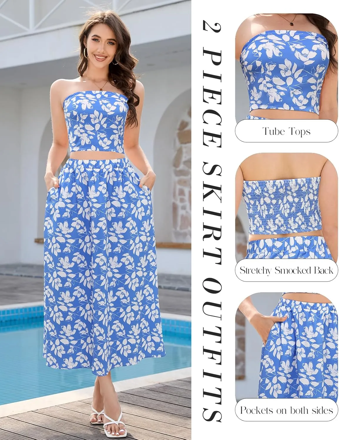 DRESSTELLS Women's Summer 2 Piece Skirt Set, Floral Crop Top and Maxi Boho Sundress Beach Tropical Dressy Casual Outfits
