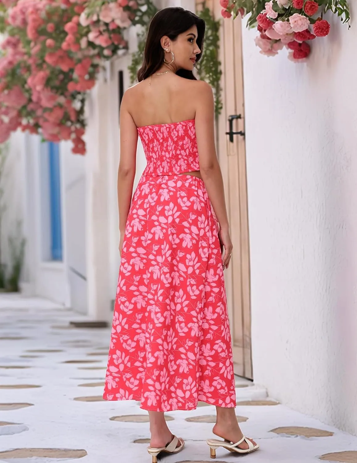 DRESSTELLS Women's Summer 2 Piece Skirt Set, Floral Crop Top and Maxi Boho Sundress Beach Tropical Dressy Casual Outfits
