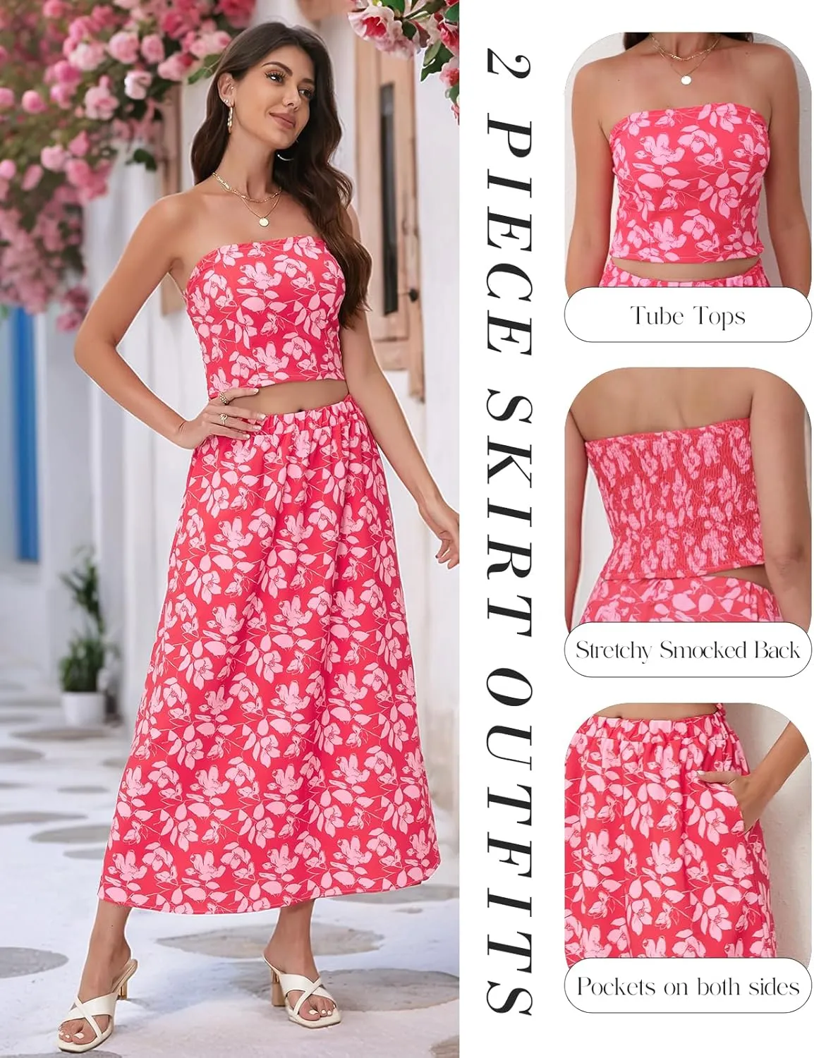 DRESSTELLS Women's Summer 2 Piece Skirt Set, Floral Crop Top and Maxi Boho Sundress Beach Tropical Dressy Casual Outfits