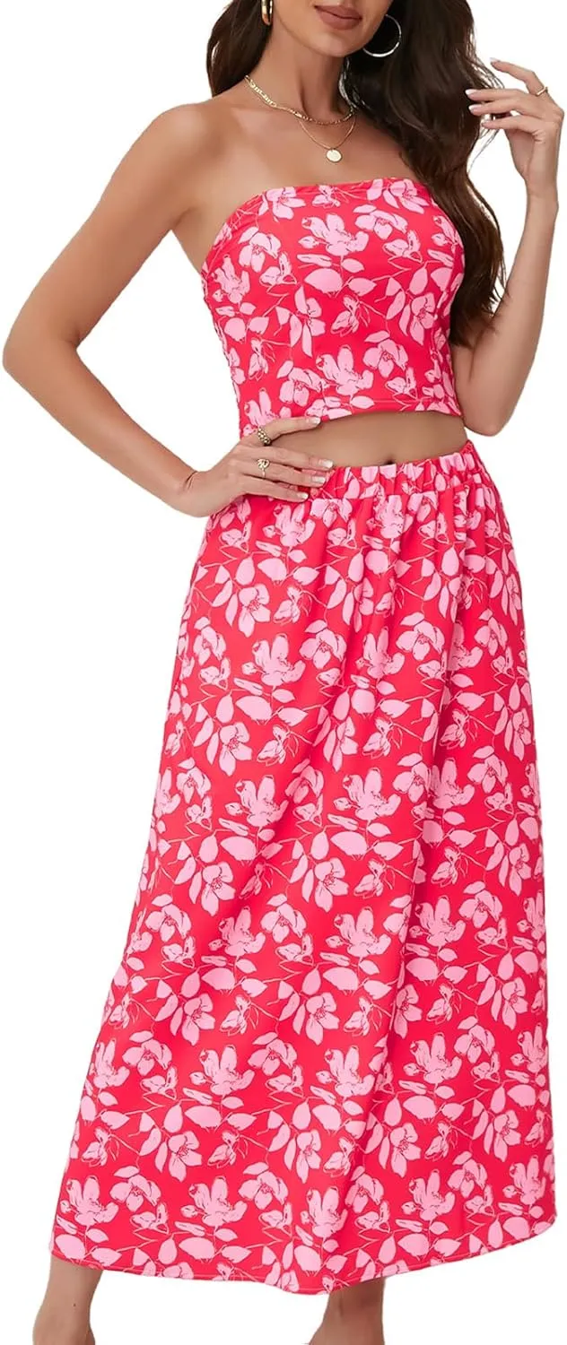 DRESSTELLS Women's Summer 2 Piece Skirt Set, Floral Crop Top and Maxi Boho Sundress Beach Tropical Dressy Casual Outfits