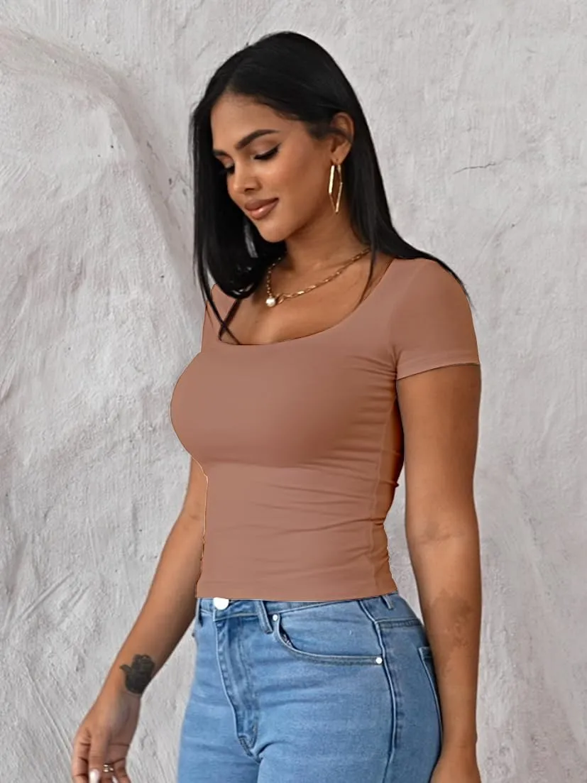 Dwnval Womens Sexy Short Sleeve Square Neck Tops Double Lined Basic Slim Fit Crop T Shirt 2025 Summer