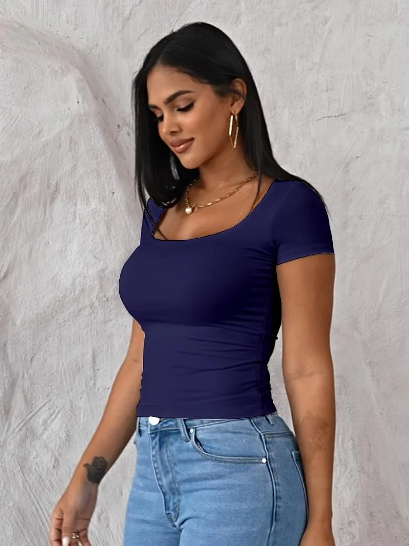 Dwnval Womens Sexy Short Sleeve Square Neck Tops Double Lined Basic Slim Fit Crop T Shirt 2025 Summer
