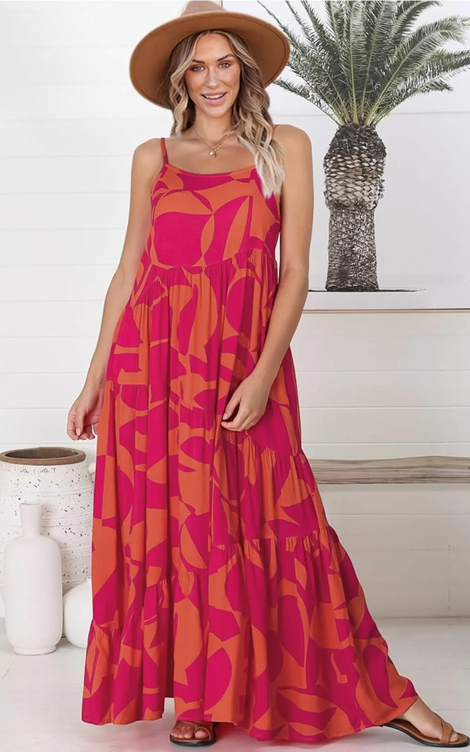 ECOWISH Women Sleeveless Maxi Dress: Summer Spaghetti Strap Casual Loose Boho Beach Dress Asymmetric Tiered Flowy Long Dress