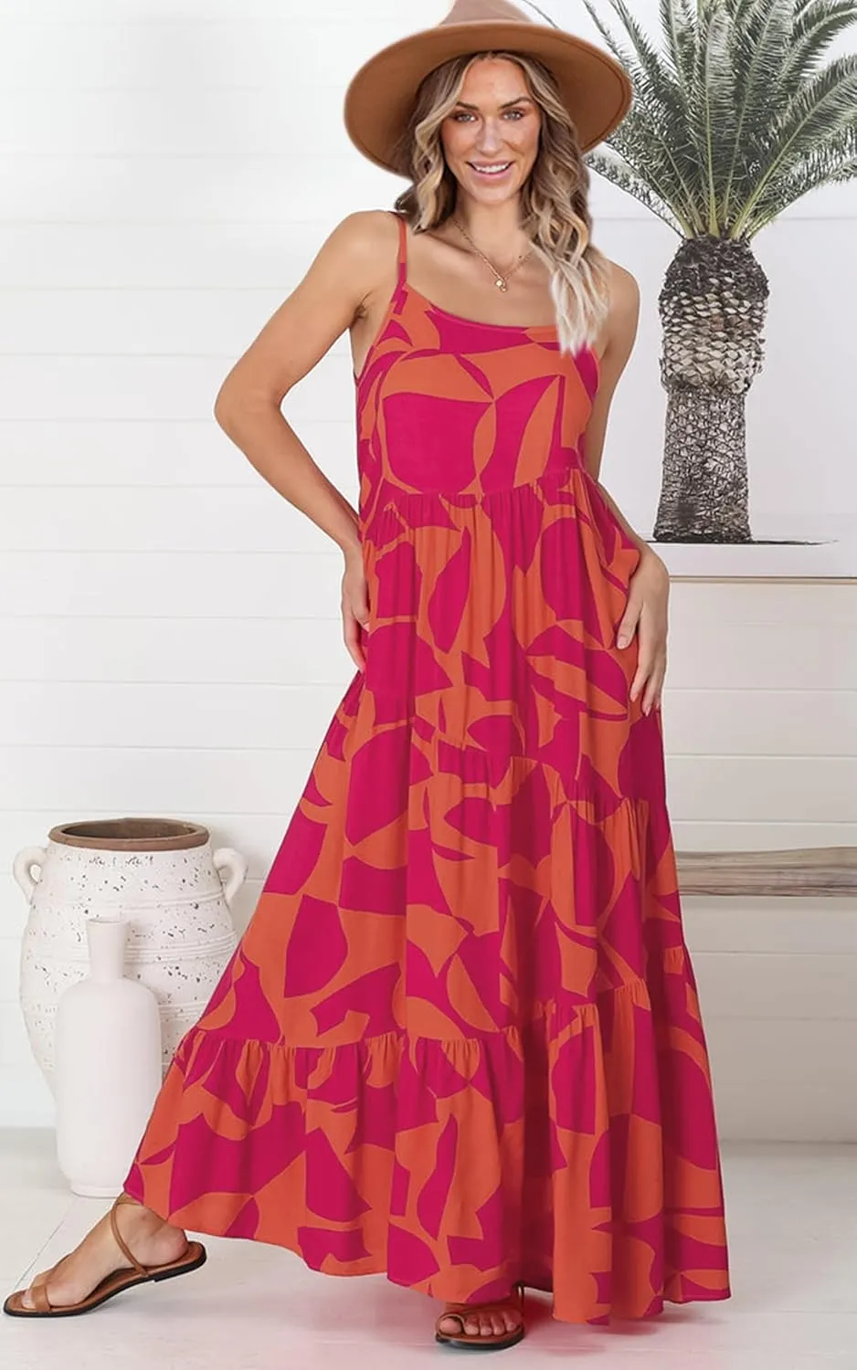 ECOWISH Women Sleeveless Maxi Dress: Summer Spaghetti Strap Casual Loose Boho Beach Dress Asymmetric Tiered Flowy Long Dress