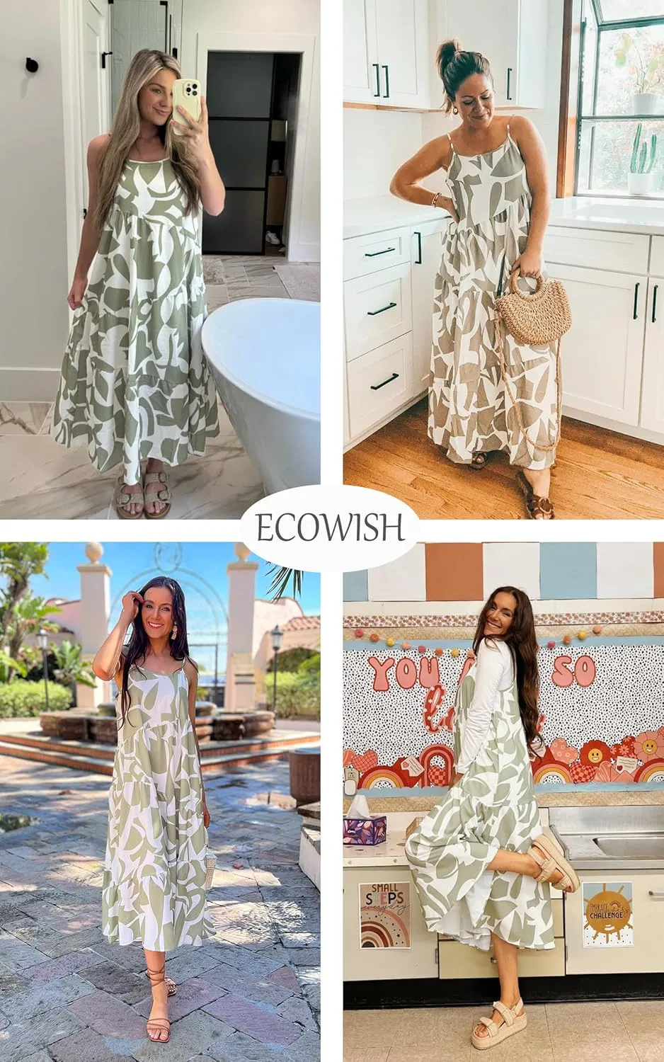 ECOWISH Women Sleeveless Maxi Dress: Summer Spaghetti Strap Casual Loose Boho Beach Dress Asymmetric Tiered Flowy Long Dress