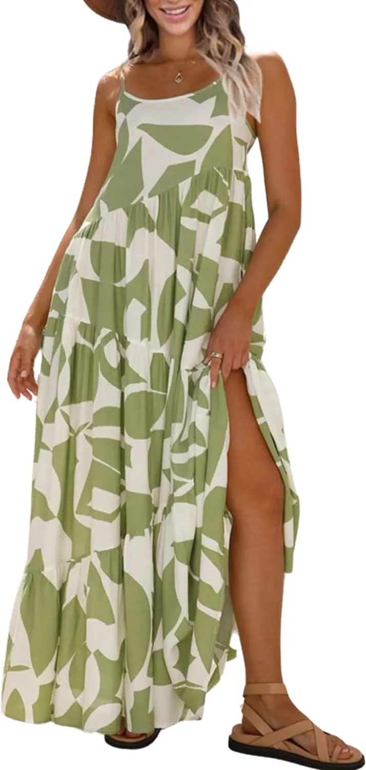 ECOWISH Women Sleeveless Maxi Dress: Summer Spaghetti Strap Casual Loose Boho Beach Dress Asymmetric Tiered Flowy Long Dress