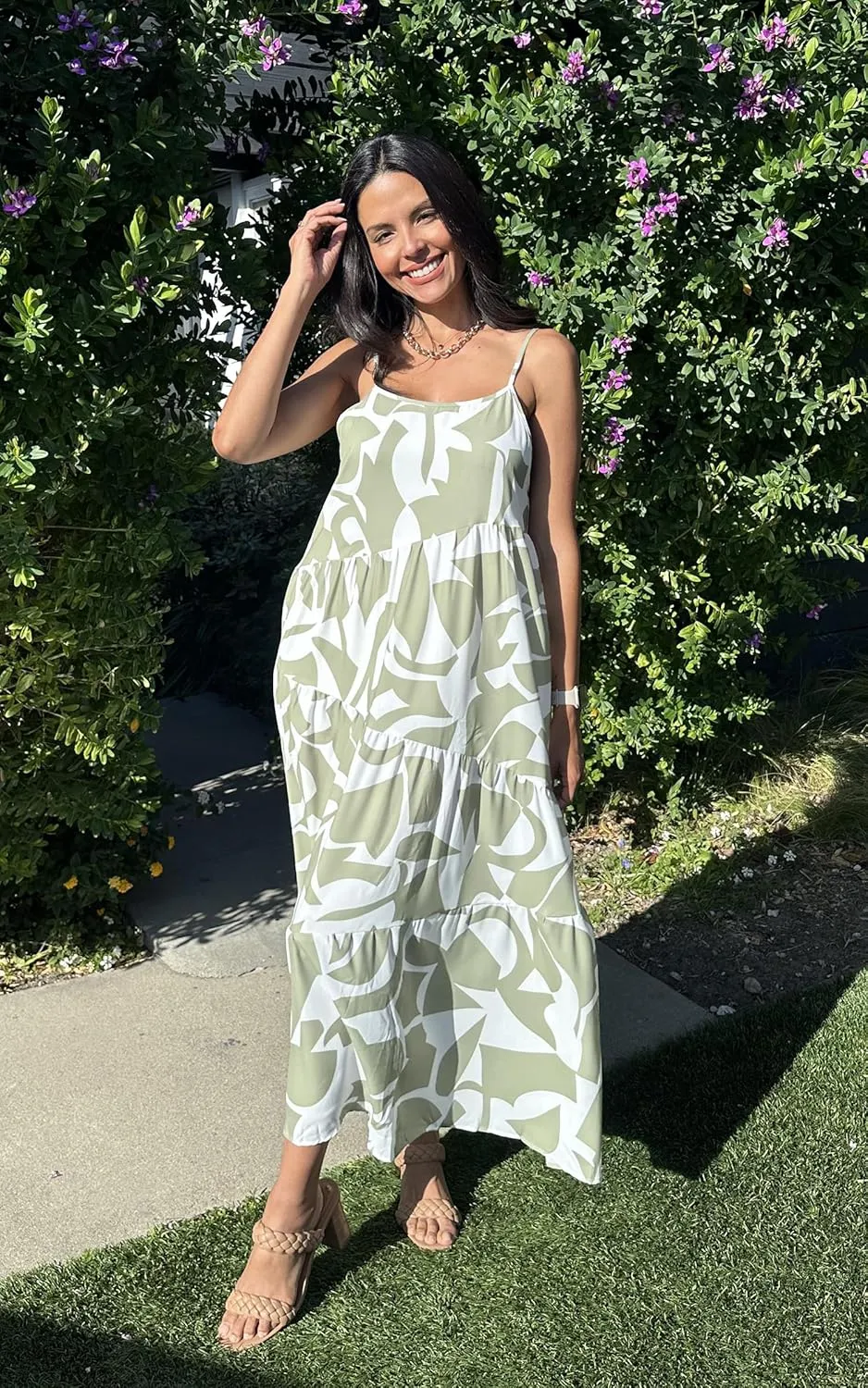 ECOWISH Women Sleeveless Maxi Dress: Summer Spaghetti Strap Casual Loose Boho Beach Dress Asymmetric Tiered Flowy Long Dress