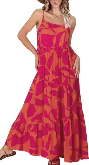 ECOWISH Women Sleeveless Maxi Dress: Summer Spaghetti Strap Casual Loose Boho Beach Dress Asymmetric Tiered Flowy Long Dress