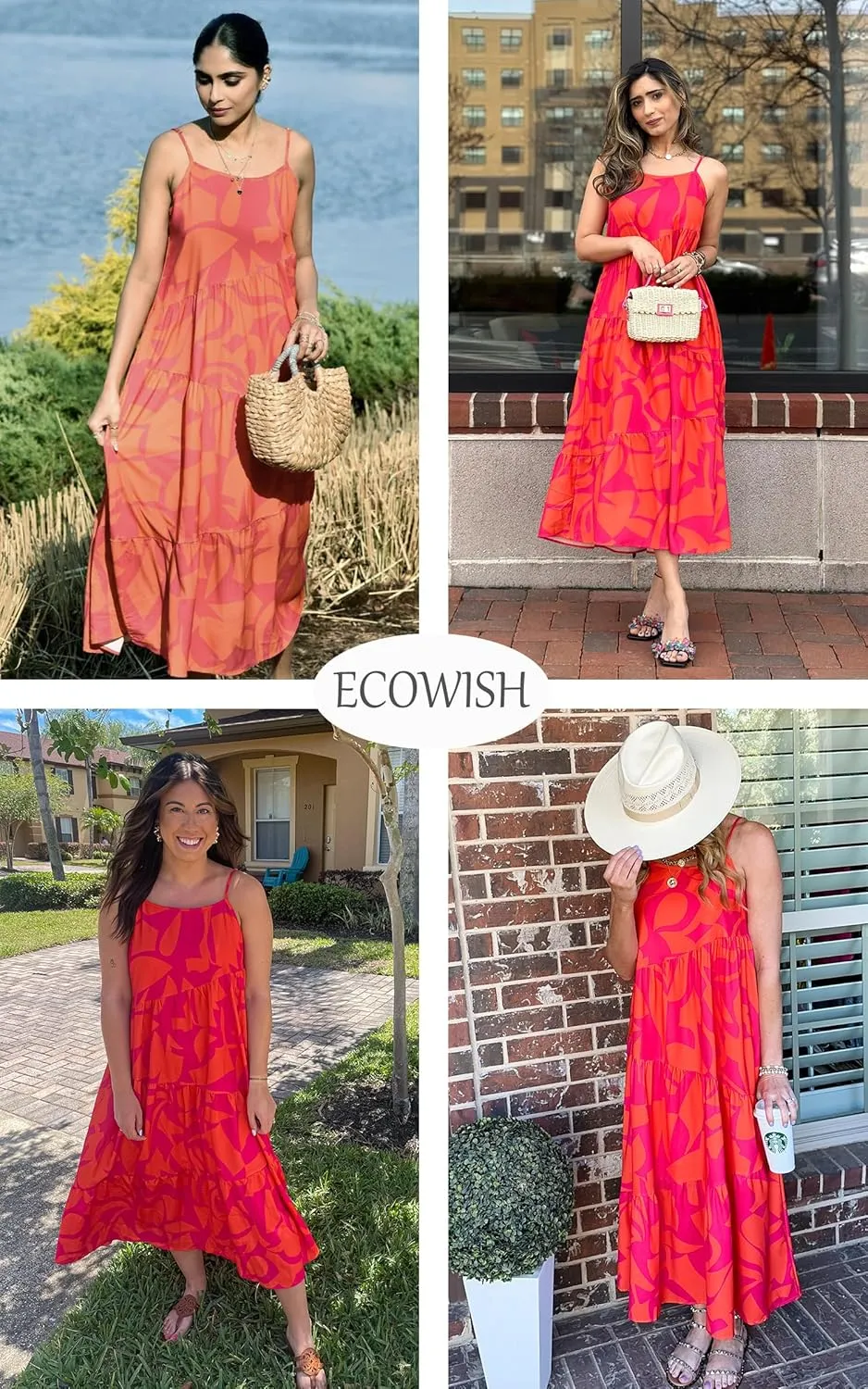 ECOWISH Women Sleeveless Maxi Dress: Summer Spaghetti Strap Casual Loose Boho Beach Dress Asymmetric Tiered Flowy Long Dress