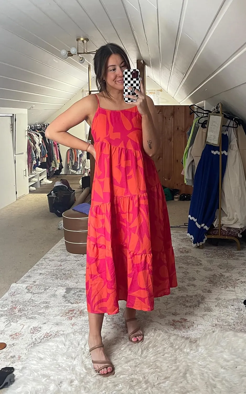 ECOWISH Women Sleeveless Maxi Dress: Summer Spaghetti Strap Casual Loose Boho Beach Dress Asymmetric Tiered Flowy Long Dress