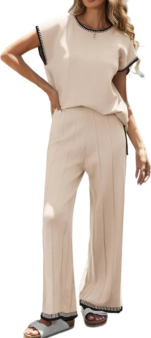 Ekouaer 2 Pieces Outfits for Women Tracksuit Pullover Top and Wide Leg Pants Knit Matching Set Loungewear