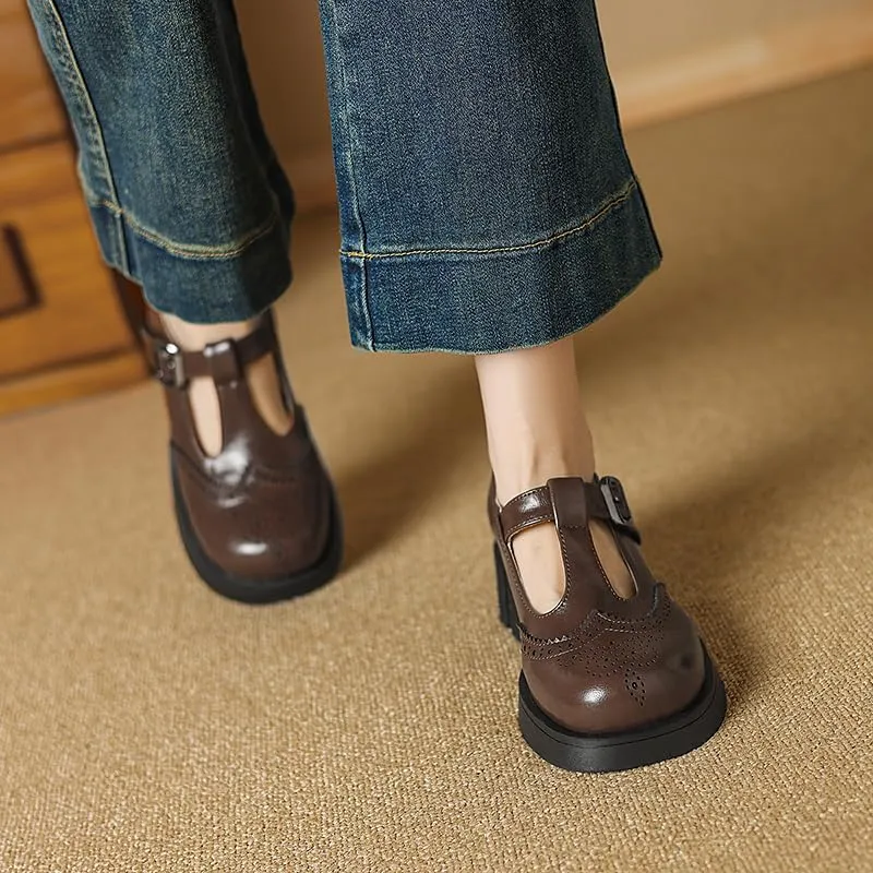 Elbslutt Women's T-Strap Wingtip Oxford Mary Janes Shoes Platform Low Heel Chunky Pumps Round Toe Saddle Loafers Brogue Cute Dressy Casual Flat Work School Shoes