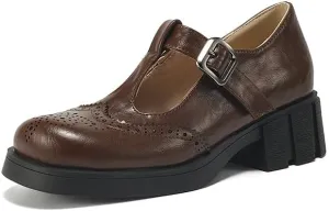 Elbslutt Women's T-Strap Wingtip Oxford Mary Janes Shoes Platform Low Heel Chunky Pumps Round Toe Saddle Loafers Brogue Cute Dressy Casual Flat Work School Shoes