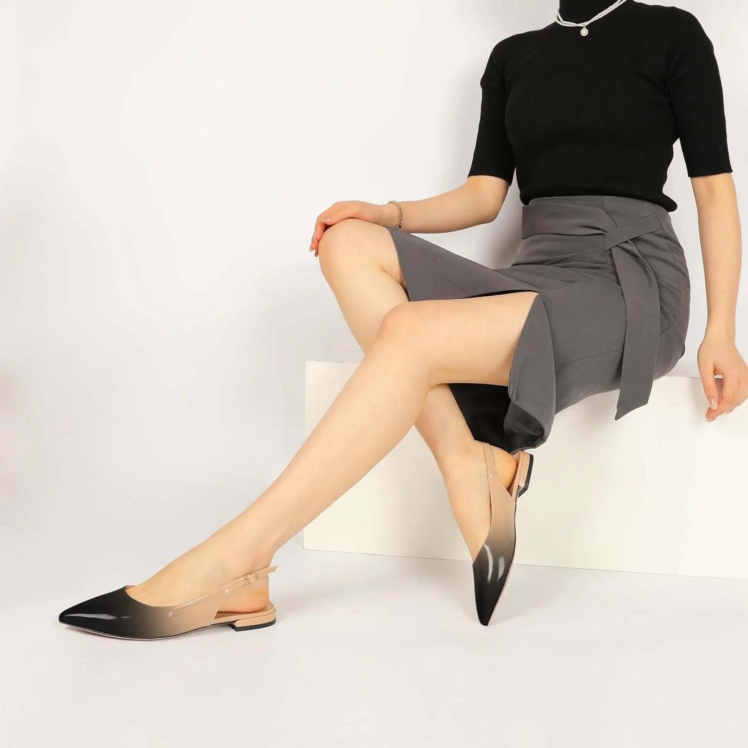 Eldof Women Low Heels Pointed Closed Toe Slingback Flats Ankle Straps Pumps Classic Dressy Elegant Shoes 1 Inch