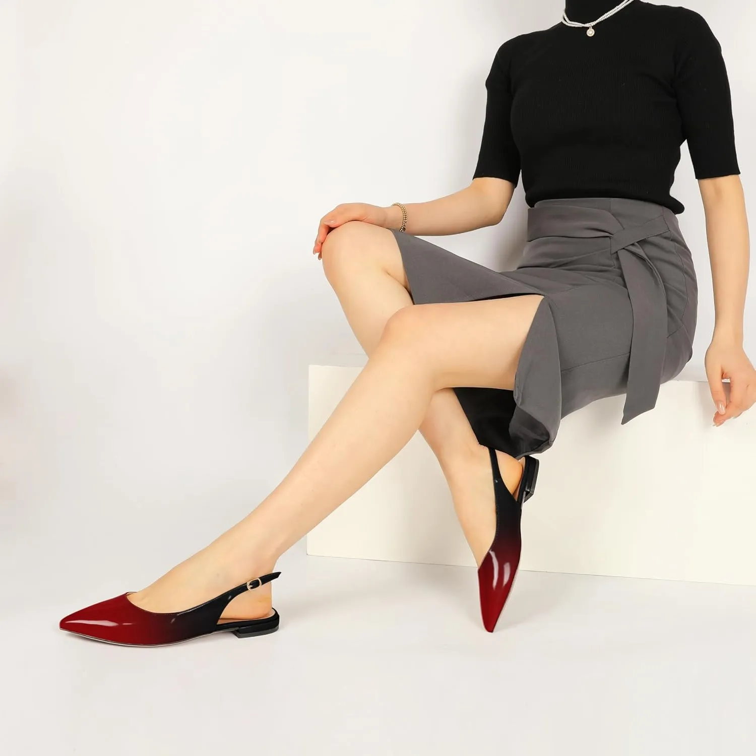 Eldof Women Low Heels Pointed Closed Toe Slingback Flats Ankle Straps Pumps Classic Dressy Elegant Shoes 1 Inch