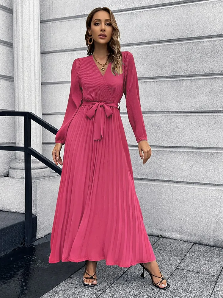 Elegant V-Neck Pleated A-Line Dress – Long Sleeve Mid-Length Design