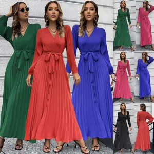 Elegant V-Neck Pleated A-Line Dress – Long Sleeve Mid-Length Design