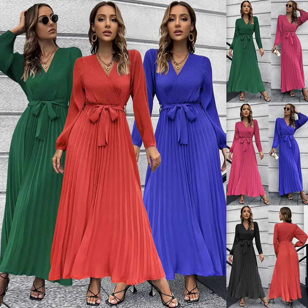 Elegant V-Neck Pleated A-Line Dress – Long Sleeve Mid-Length Design