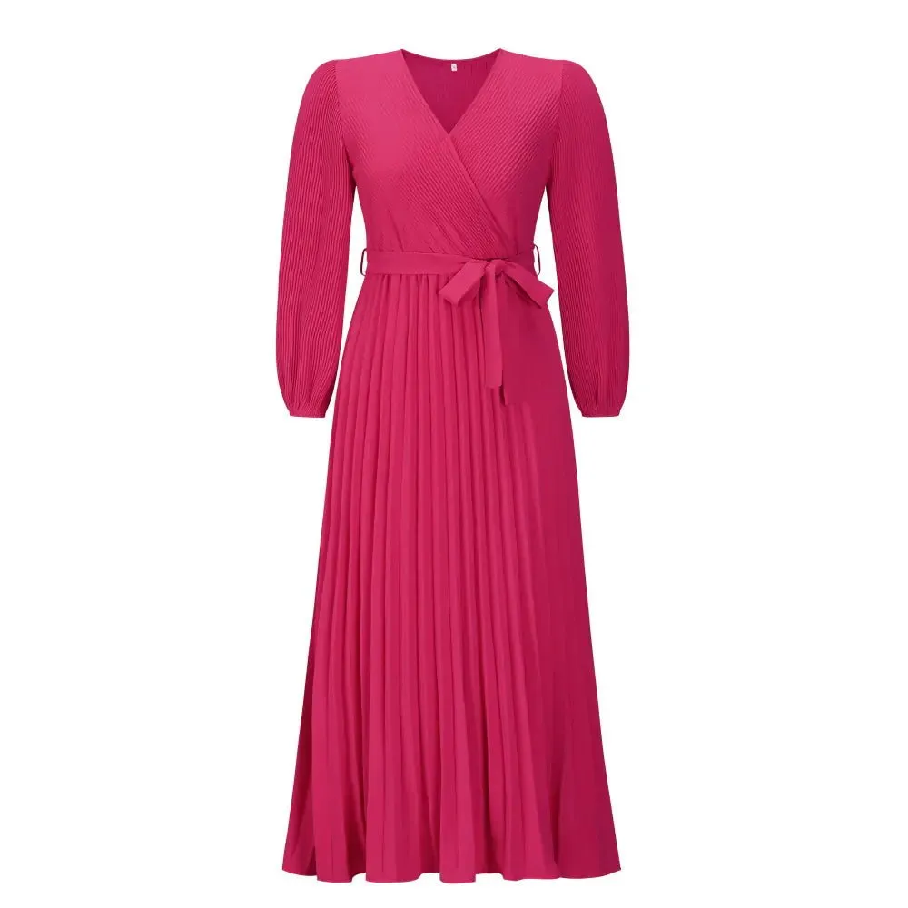 Elegant V-Neck Pleated A-Line Dress – Long Sleeve Mid-Length Design